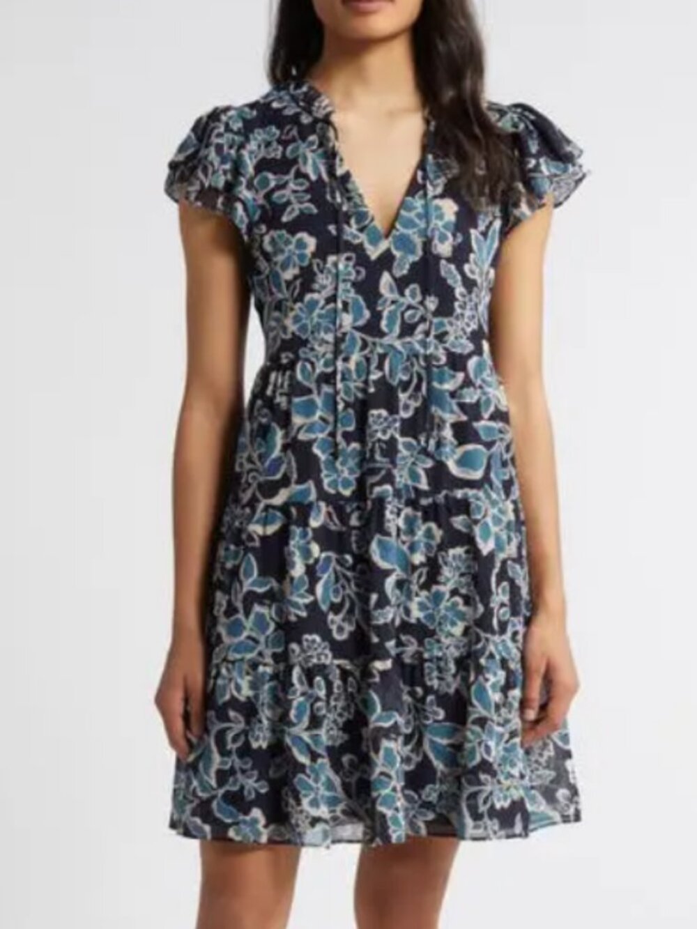 Eliza J Floral Print Blouson Sleeve Tiered Dress in Navy Size 8